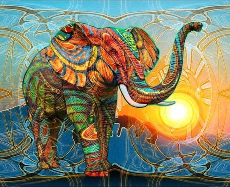 Diamond Painting Kleurvolle Olifant voorbeeldafbeelding van het volledige ontwerp