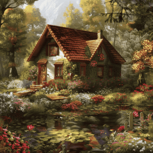 Diamond Painting Knus Huisje in het bos voorbeeldafbeelding van het volledige ontwerp