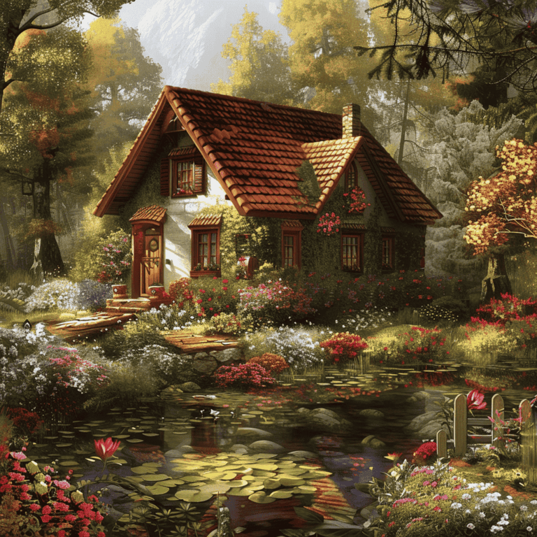Diamond Painting Knus Huisje in het bos voorbeeldafbeelding van het volledige ontwerp