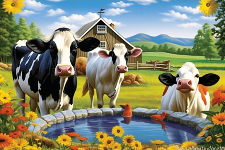Diamond Painting Koeien Bij De Boerderij voorbeeldafbeelding van het volledige ontwerp