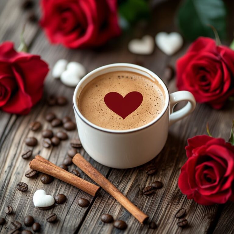 Diamond Painting Koffie en rozen voorbeeldafbeelding van het volledige ontwerp