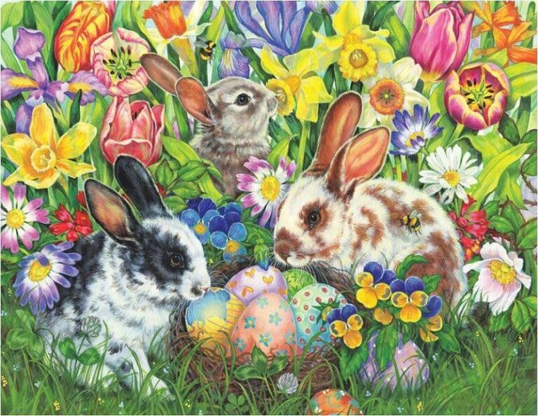 Diamond Painting Konijnen Paasei Bloemen voorbeeldafbeelding van het volledige ontwerp