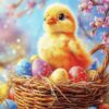 Diamond Painting Kuiken in paasmandje voorbeeldafbeelding van het volledige ontwerp