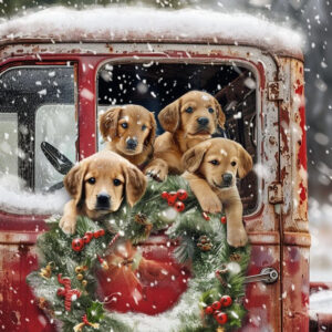 Diamond Painting Labradors in de rode vrachtwagen voorbeeldafbeelding van het volledige ontwerp