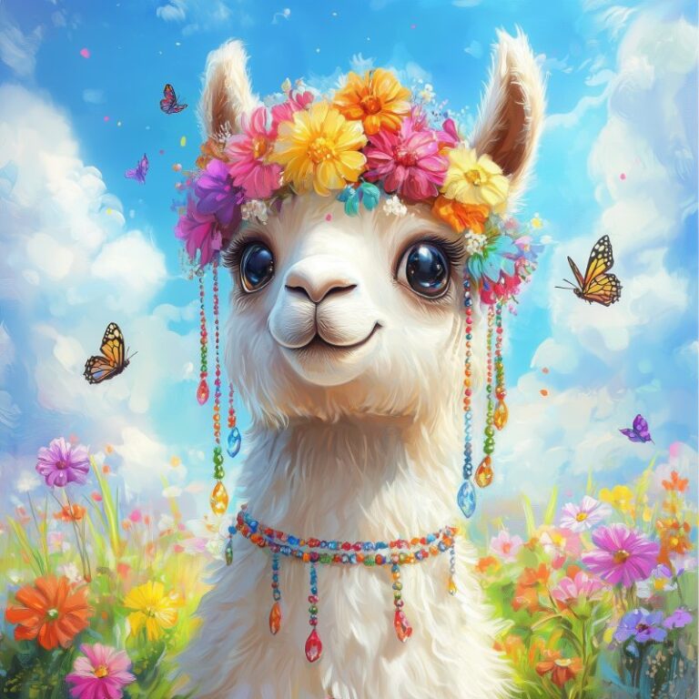 Diamond Painting Lama met bloemen voorbeeldafbeelding van het volledige ontwerp