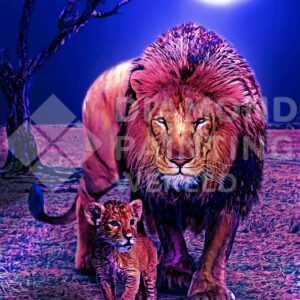 Diamond Painting Leeuw En Welp bij Volle Maan HP Design voorbeeldafbeelding van het volledige ontwerp