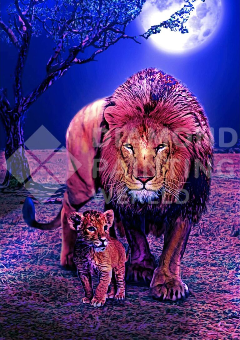 Diamond Painting Leeuw En Welp bij Volle Maan HP Design voorbeeldafbeelding van het volledige ontwerp