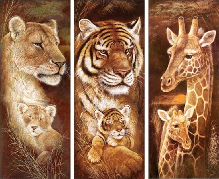Diamond Painting Leeuw - Tijger Giraffe 3 Luiken voorbeeldafbeelding van het volledige ontwerp
