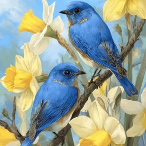 Diamond Painting Lenteblauwvogels voorbeeldafbeelding van het volledige ontwerp