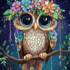 Diamond Painting Leuke Uil met bloemen voorbeeldafbeelding van het volledige ontwerp