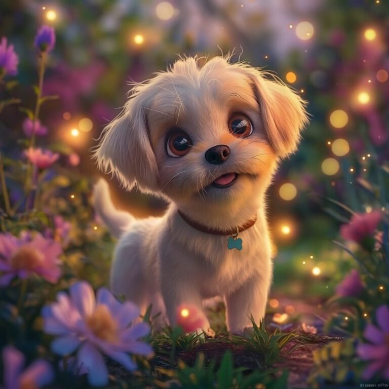 Diamond Painting Leuke hond in magisch bos voorbeeldafbeelding van het volledige ontwerp