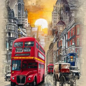 Diamond Painting Londen vroeger met grote rode bus voorbeeldafbeelding van het volledige ontwerp