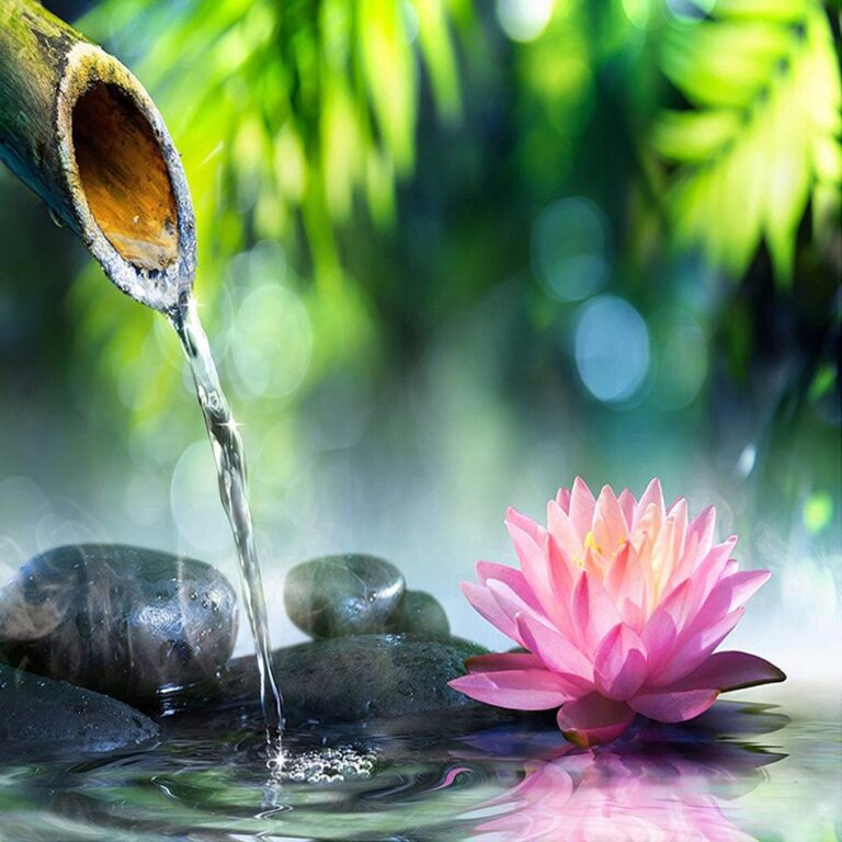 Diamond Painting - Lotusbloem met stromend water voorbeeldafbeelding van het volledige ontwerp