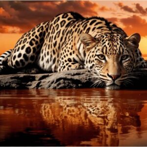 Diamond Painting Luipaard Reflectie In Water voorbeeldafbeelding van het volledige ontwerp