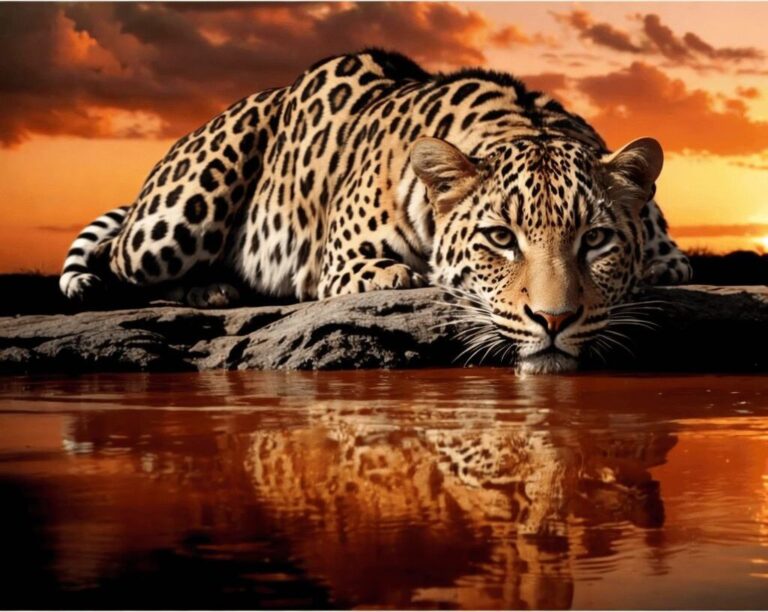Diamond Painting Luipaard Reflectie In Water voorbeeldafbeelding van het volledige ontwerp
