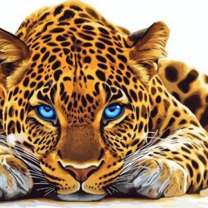 Diamond Painting Luipaard met blauwe ogen voorbeeldafbeelding van het volledige ontwerp