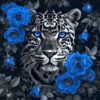 Diamond Painting Luipaard met blauwe rozen voorbeeldafbeelding van het volledige ontwerp