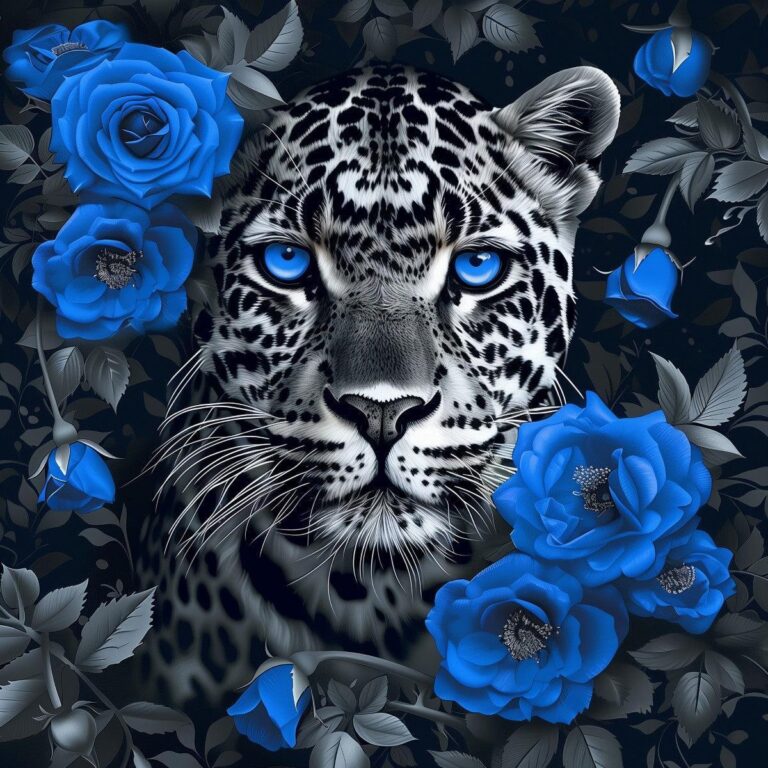 Diamond Painting Luipaard met blauwe rozen voorbeeldafbeelding van het volledige ontwerp