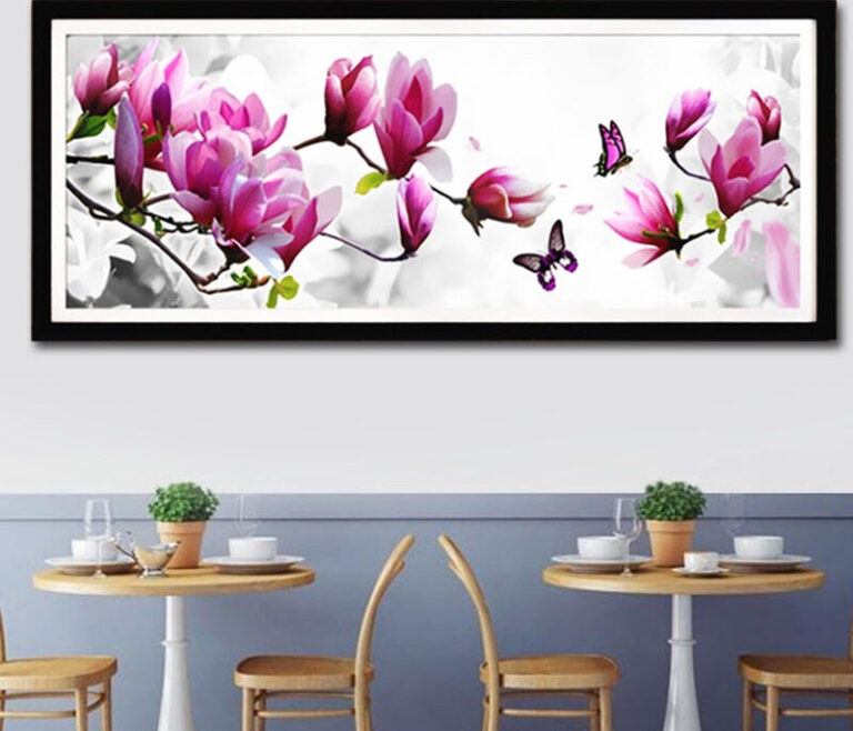 Diamond Painting Magnolia en Vlinders Groot Formaat voorbeeldafbeelding van het volledige ontwerp