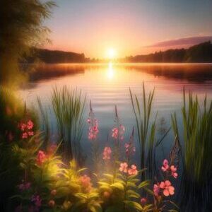 Diamond Painting Meer Zonsondergang voorbeeldafbeelding van het volledige ontwerp