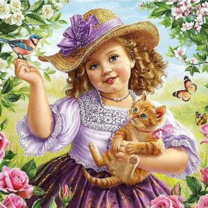 Diamond Painting Meisje Met Kitten voorbeeldafbeelding van het volledige ontwerp