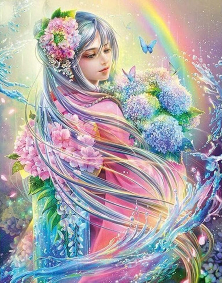 Diamond Painting Meisje in Bloemenwereld voorbeeldafbeelding van het volledige ontwerp