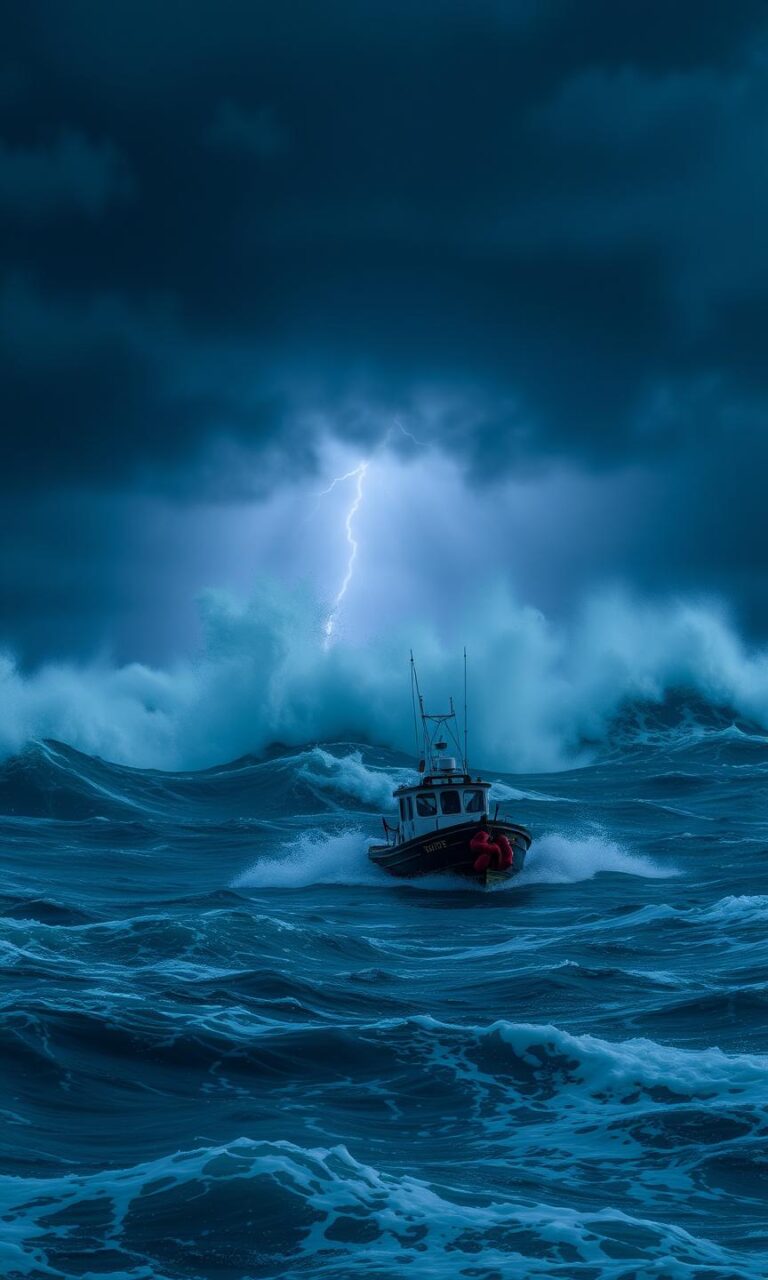 Diamond Painting Nachtelijke storm op zee voorbeeldafbeelding van het volledige ontwerp