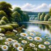 Diamond Painting - Bloemenweide langs bosmeer voorbeeldafbeelding van het volledige ontwerp