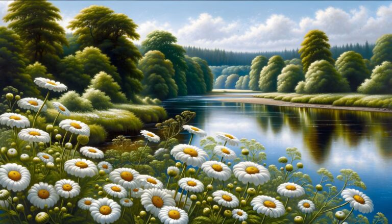 Diamond Painting - Bloemenweide langs bosmeer voorbeeldafbeelding van het volledige ontwerp