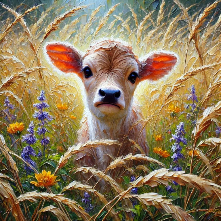 Diamond Painting Nieuwsgierige Kalf voorbeeldafbeelding van het volledige ontwerp