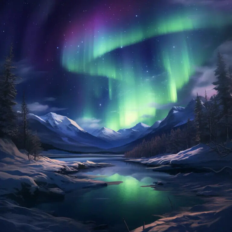 Diamond Painting - Groen noorderlicht boven bergen voorbeeldafbeelding van het volledige ontwerp