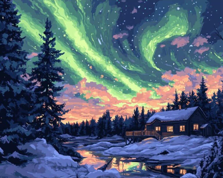 Diamond Painting Noorderlicht in Lapland voorbeeldafbeelding van het volledige ontwerp