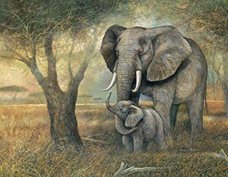 Diamond Painting Olifant En Kleintje Bij De Boom voorbeeldafbeelding van het volledige ontwerp