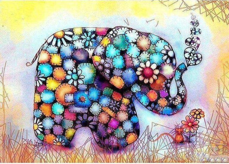 Diamond Painting Olifant In Bloemen voorbeeldafbeelding van het volledige ontwerp