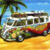 Diamond Painting Oude Bus - Palmboom voorbeeldafbeelding van het volledige ontwerp