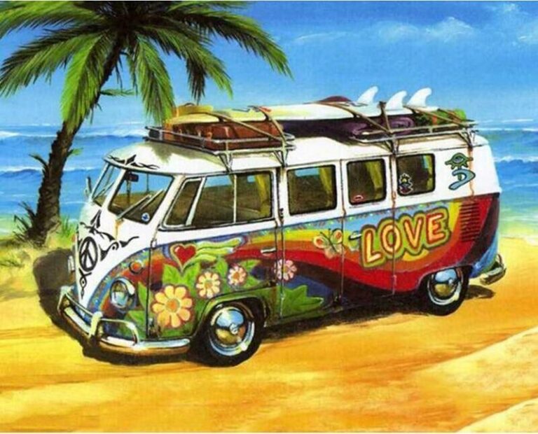 Diamond Painting Oude Bus - Palmboom voorbeeldafbeelding van het volledige ontwerp