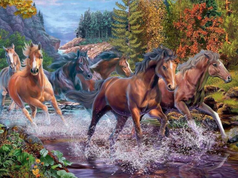 Diamond Painting Paarden Rennen In De Rivier voorbeeldafbeelding van het volledige ontwerp