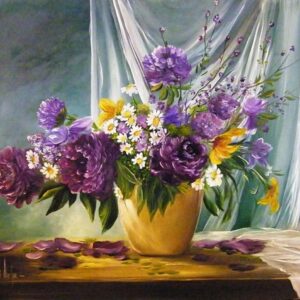 Diamond Painting Paarse Bloemen Gouden Vaas voorbeeldafbeelding van het volledige ontwerp