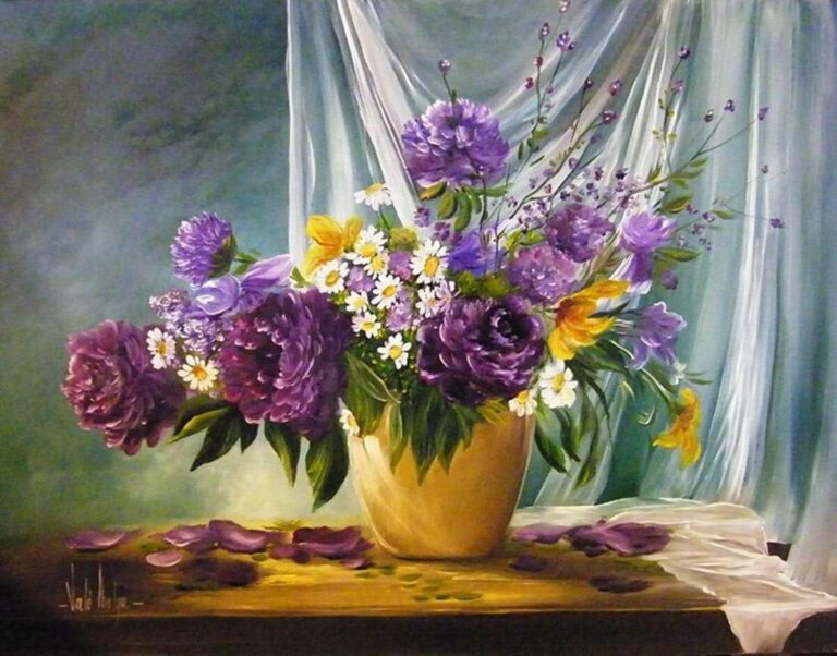 Diamond Painting Paarse Bloemen Gouden Vaas voorbeeldafbeelding van het volledige ontwerp