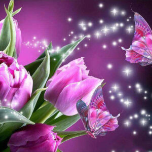 Diamond Painting Paarse Tulpen Vlinder voorbeeldafbeelding van het volledige ontwerp