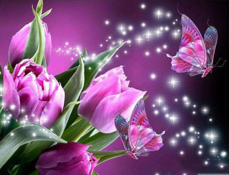 Diamond Painting Paarse Tulpen Vlinder voorbeeldafbeelding van het volledige ontwerp