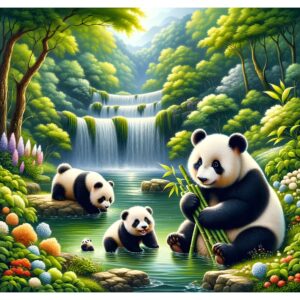 Diamond Painting Panda's Bij Waterval voorbeeldafbeelding van het volledige ontwerp