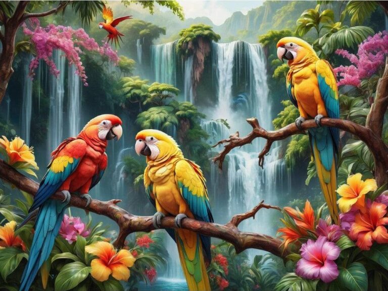 Diamond Painting Papegaaien bij waterval voorbeeldafbeelding van het volledige ontwerp