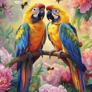 Diamond Painting Papegaaien en bloemen voorbeeldafbeelding van het volledige ontwerp