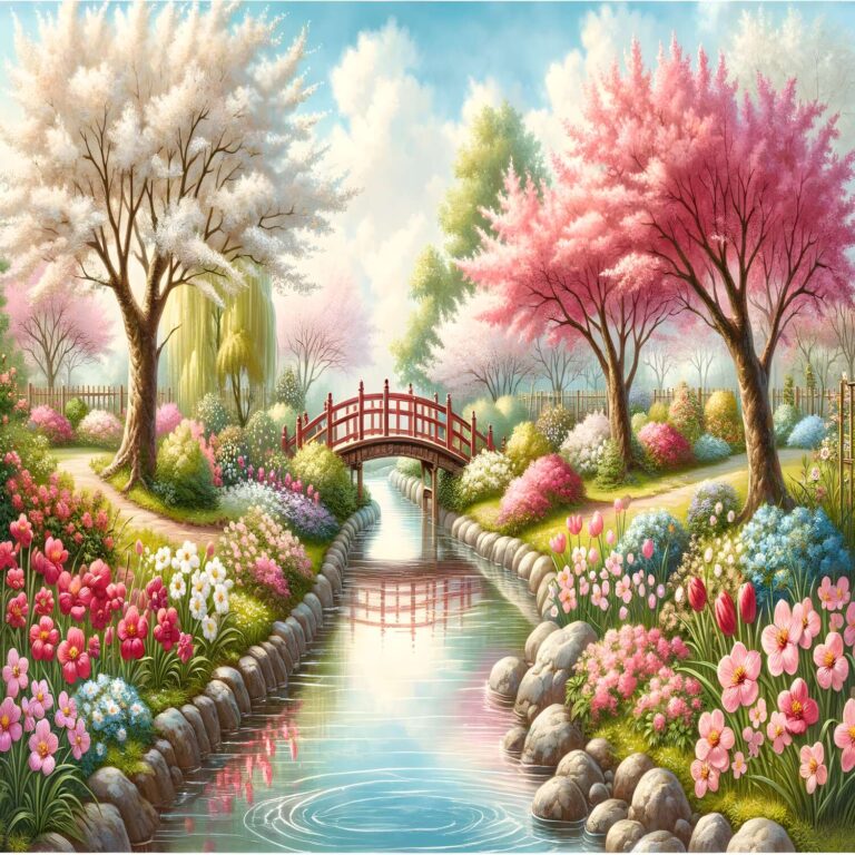 Diamond Painting Park Meertje Met Rode Brug voorbeeldafbeelding van het volledige ontwerp