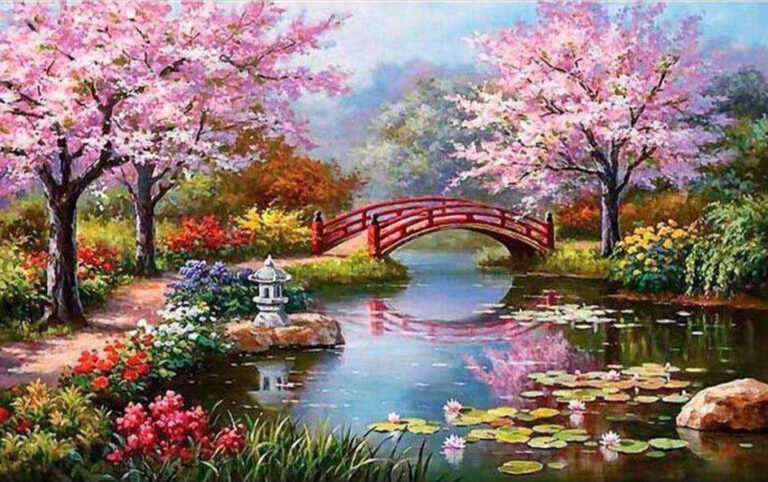 Diamond Painting Park Meertje Met Rode Brug Aurora Borealis voorbeeldafbeelding van het volledige ontwerp