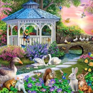 Diamond Painting - Park met prieeltje bij zonsondergang voorbeeldafbeelding van het volledige ontwerp