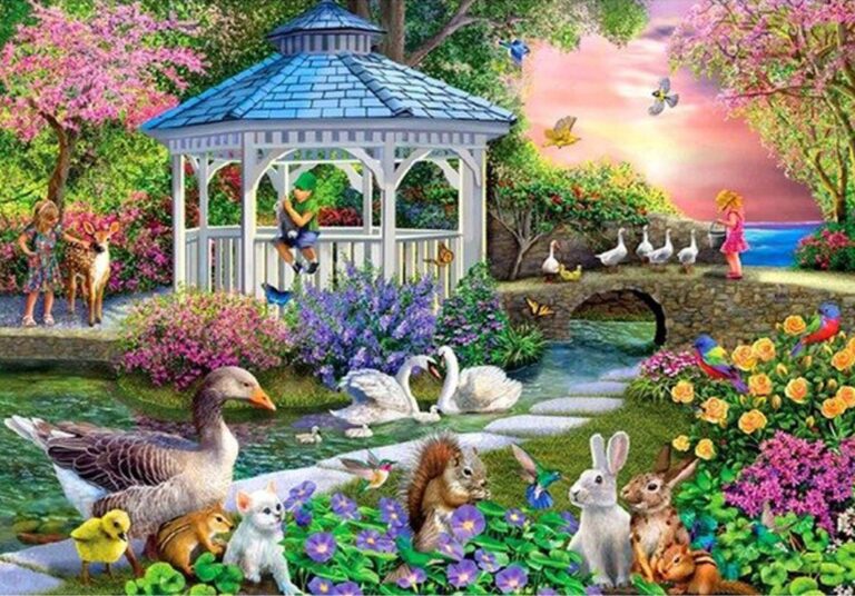 Diamond Painting - Park met prieeltje bij zonsondergang voorbeeldafbeelding van het volledige ontwerp