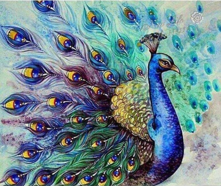 Diamond Painting Pauw Met Gespreide Veren Kleurrijk voorbeeldafbeelding van het volledige ontwerp