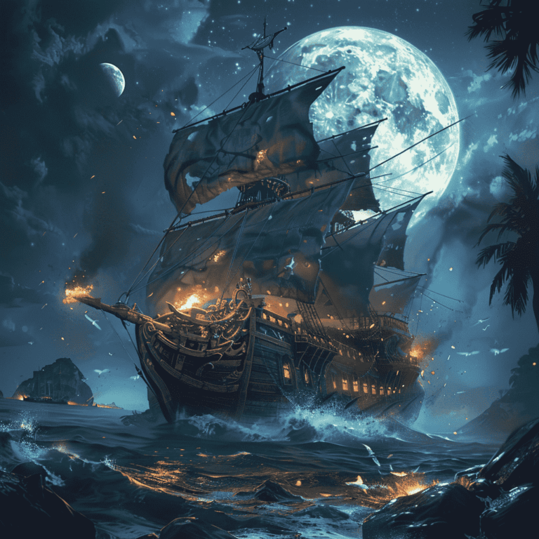 Diamond Painting Piraten boot bij volle maan voorbeeldafbeelding van het volledige ontwerp